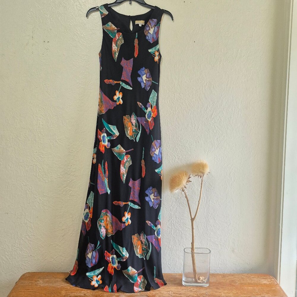 Vintage 90s Dark Floral Column Maxi Dress Romantic Flowy Art to Wear Cocktail